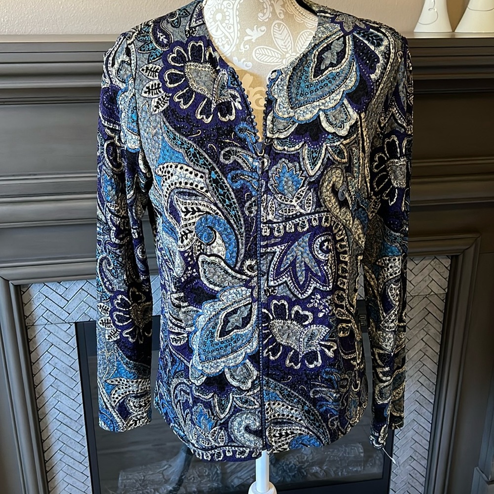 • TanJay patterned dress top with rhinestone zippering, S •